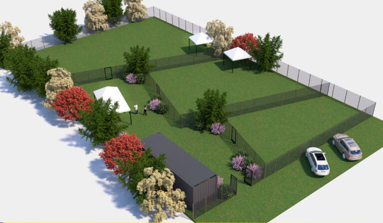 Render del campo cinofilo Bauwoww a Sant'Angelo di Piove di Sacco, spazio dedicato ad attività educative, sportive e inclusive per cani e proprietari.