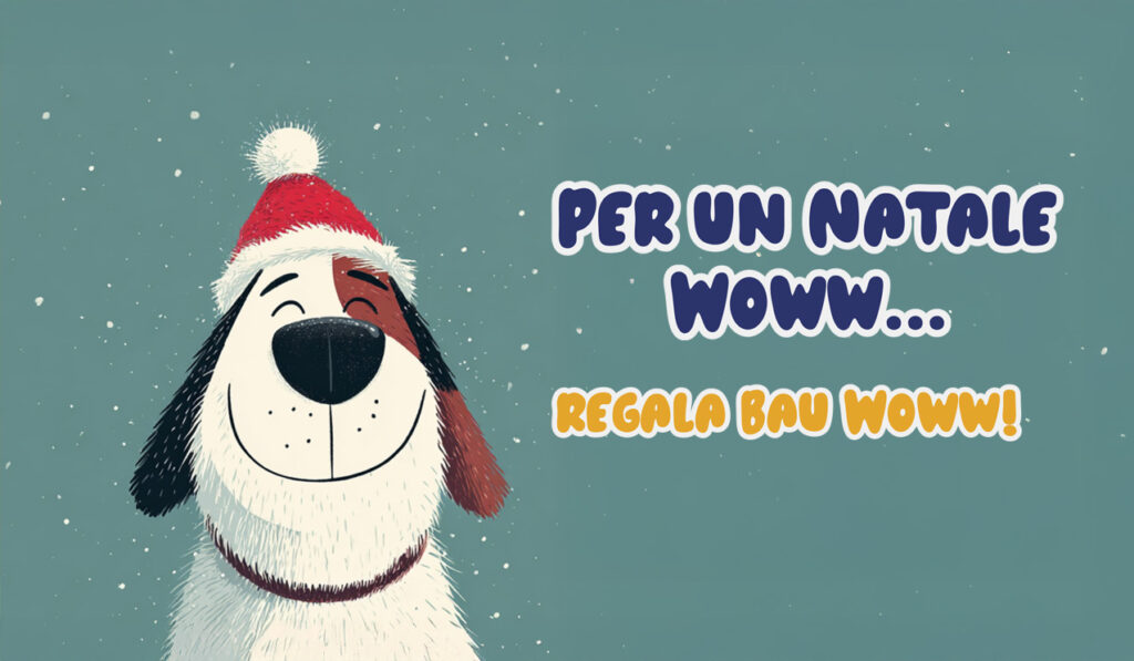 Illustrazione di un cane felice con cappello di Babbo Natale su sfondo verde, simbolo del Pacchetto Natale Bau Woww con 5 lezioni di educazione cinofila a Vigonovo (VE)