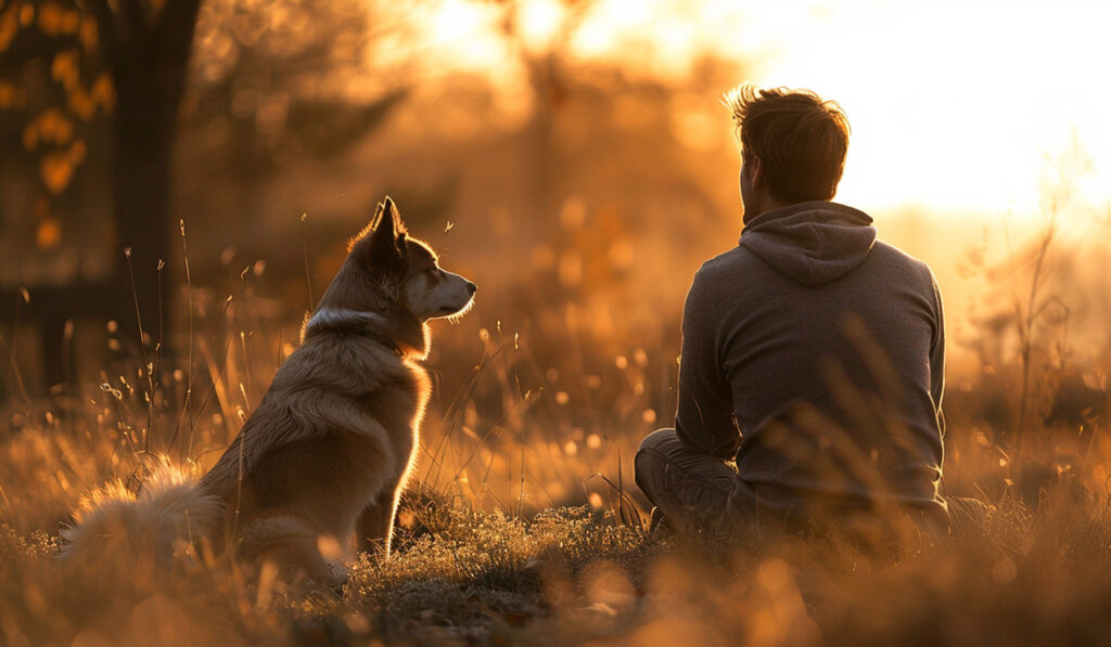 Umano e cane seduti insieme in silenzio, immersi nella calma di un momento di osservazione reciproca