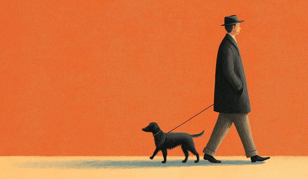 Illustrazione di un uomo che cammina in una direzione e del cane al guinzaglio che tira dall’altra parte, simbolo dell’esperienza cinofila che procede senza ascolto reciproco.