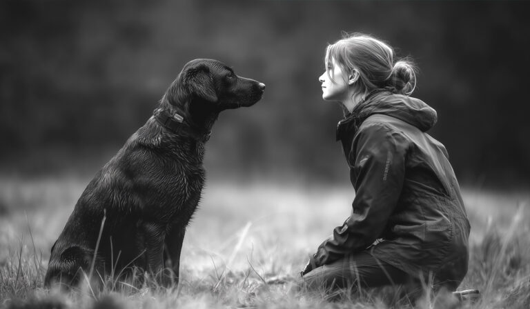 Una ragazza e il suo cane seduti uno di fronte all’altro, simbolo di collaborazione e comunicazione nel reward-based training