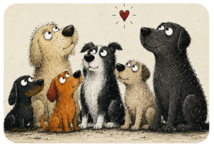 Illustrazione di cani diversi riuniti insieme, simbolo di inclusione, percorsi personalizzati e collaborazione tra cane e proprietario.