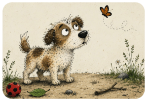 Illustrazione di un cucciolo curioso che esplora il mondo, rappresentazione della crescita, della scoperta e dell'educazione nei primi mesi di vita.