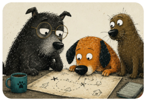 Illustrazione di cani che osservano e collaborano attorno a una mappa, simbolo del metodo Bau Woww basato su osservazione, comprensione e relazione.