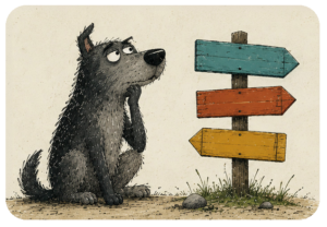 Illustrazione di un cane adulto che riflette davanti a diverse possibilità, simbolo dell'apprendimento e dello sviluppo di nuove competenze in età adulta.