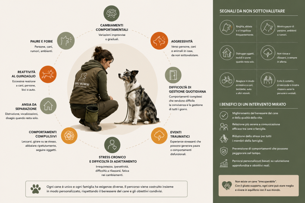 Tecnico in riabilitazione comportamentale del cane durante una valutazione comportamentale. Infografica sui segnali che indicano quando è utile intraprendere un percorso di riabilitazione comportamentale canina.