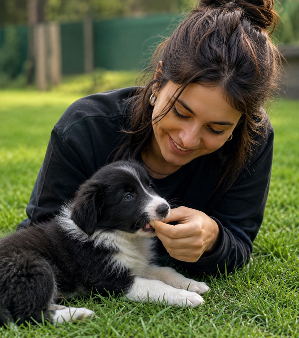 Proprietaria che gioca con un cucciolo durante un percorso di educazione cinofila, sviluppando fiducia, attenzione e competenze relazionali