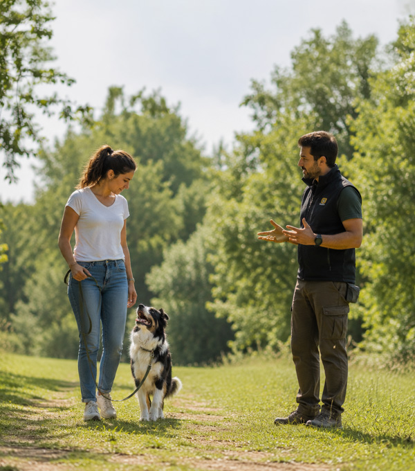 Educatore cinofilo che insegna ad un prorietario di cane come relazionarsi positivamente