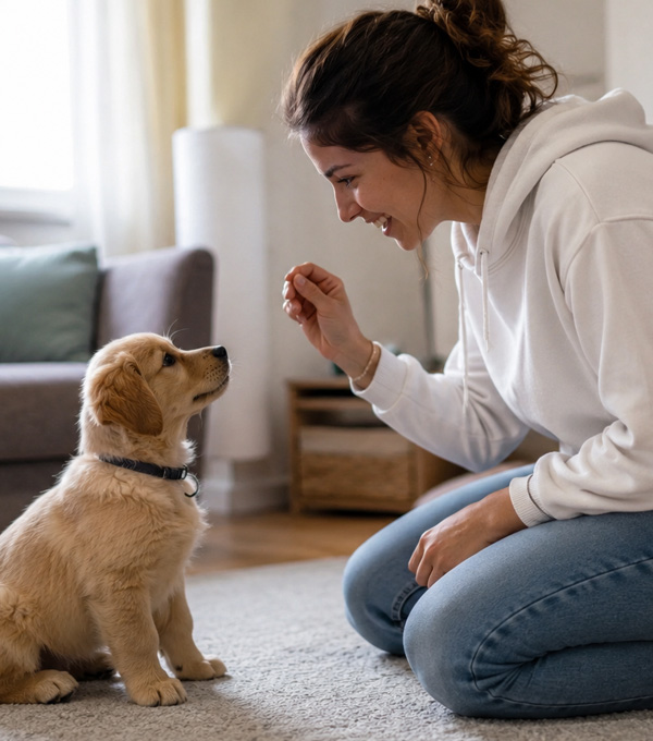 Giovane proprietaria che interagisce con un cucciolo in casa durante una sessione di educazione, favorendo attenzione, comunicazione e apprendimento attraverso il rinforzo positivo